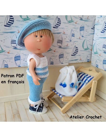 Pantalon, pull, béret et sac patron PDF de crochet pour poupée Mio Nines d'Onil