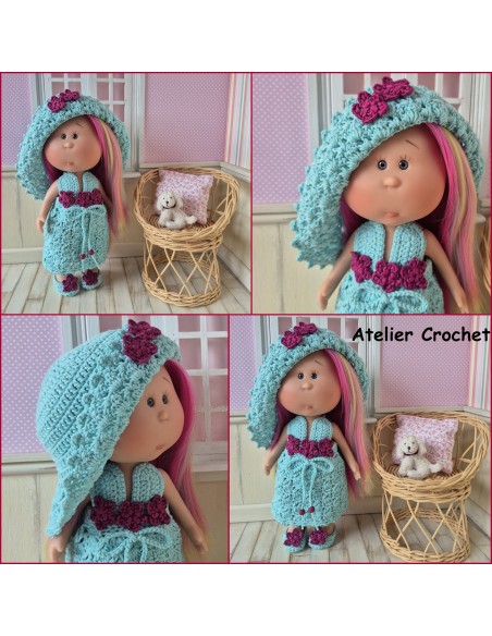 Ensemble robe, chapeau et chaussures au crochet pour poupée Little Mia Nines d'Onil