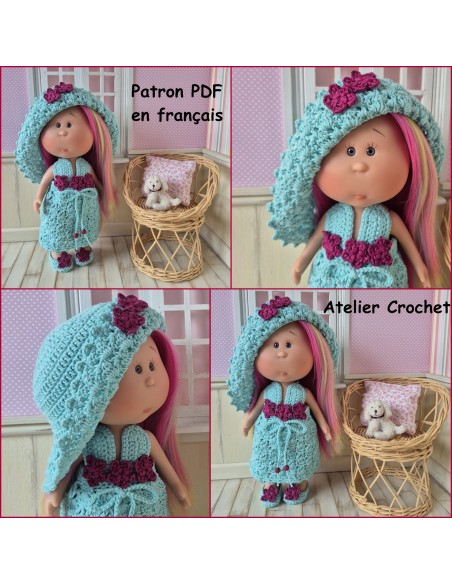 Robe, chapeau et chaussures patron PDF de crochet pour poupée Little Mia Nines d'Onil