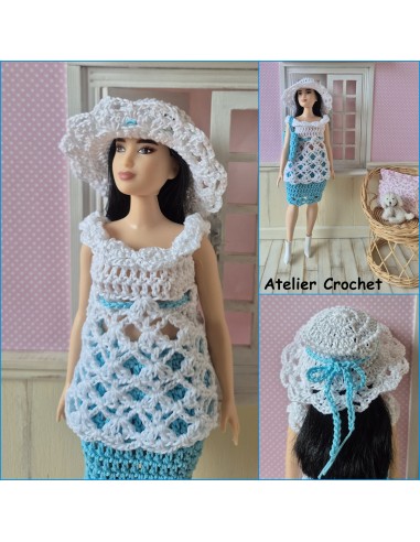 Jupe, tunique, chapeau et sac au crochet pour poupée Barbie Curvy