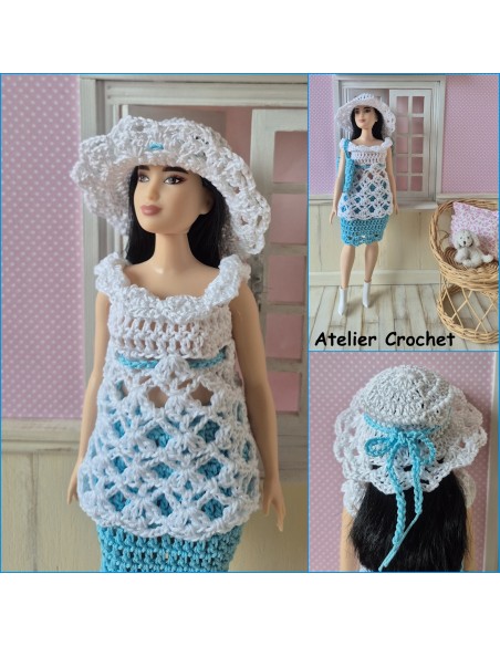 Jupe, tunique, chapeau et sac au crochet pour poupée Barbie Curvy