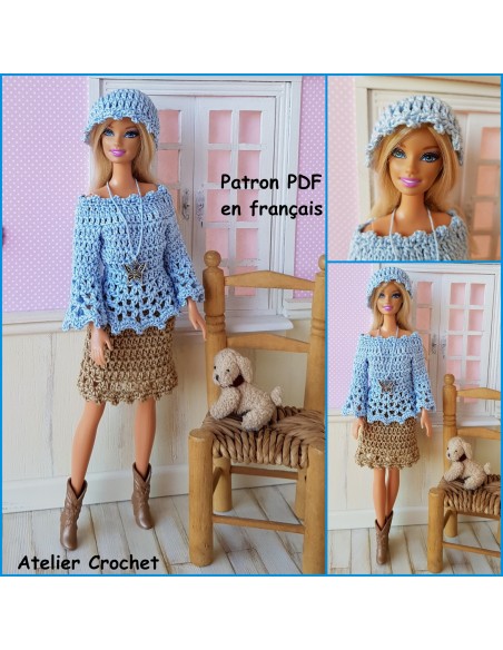 Tunique, jupe et bonnet patron PDF de crochet pour poupée Barbie