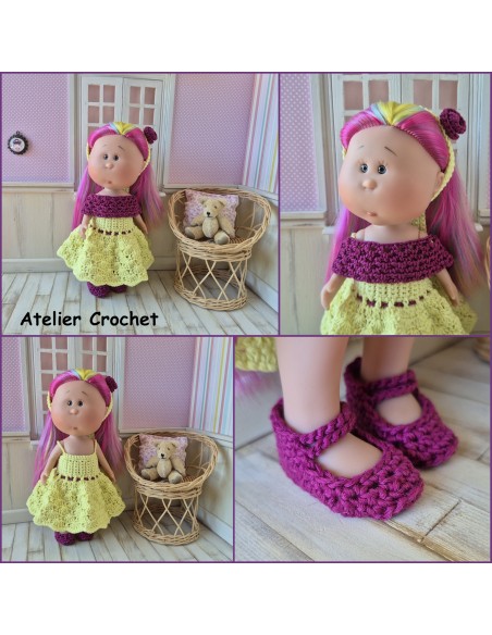 Ensemble robe, étole, bandeau et chaussures au crochet pour poupée Little Mia Nines d'Onil
