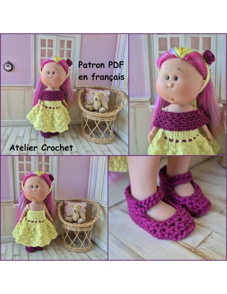 Robe, étole, bandeau et chaussures patron PDF de crochet pour poupée Little Mia Nines d'Onil