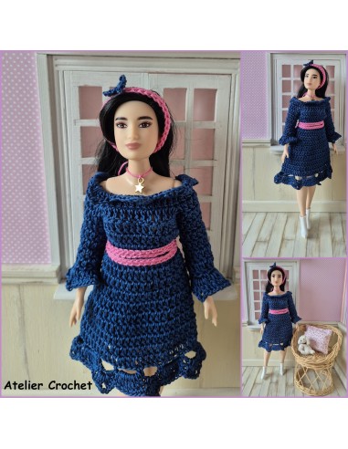Robe à manches longues, ceinture et bandeau au crochet pour poupée Barbie Curvy