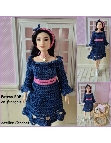 Robe à manches longues, ceinture et bandeau patron PDF de crochet pour poupée Barbie Curvy
