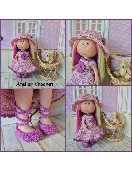 Ensemble robe, chapeau et chaussures au crochet pour poupée Little Mia Nines d'Onil