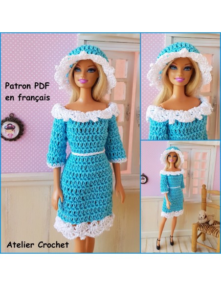 Robe à manches longues et chapeau patron PDF de crochet pour Barbie