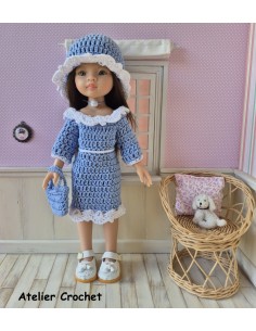 Robe à manches longues, chapeau et sac au crochet pour poupée Paola Reina Las Amigas