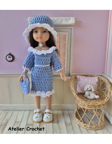 Robe à manches longues, chapeau et sac au crochet pour poupée Paola Reina Las Amigas