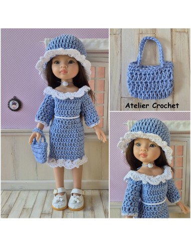 Robe à manches longues, chapeau et sac au crochet pour poupée Paola Reina Las Amigas
