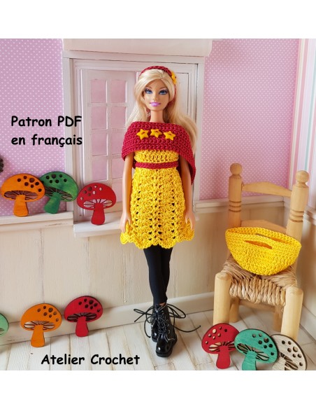 Robe, étole, bandeau et  sac PDF de crochet pour Barbie