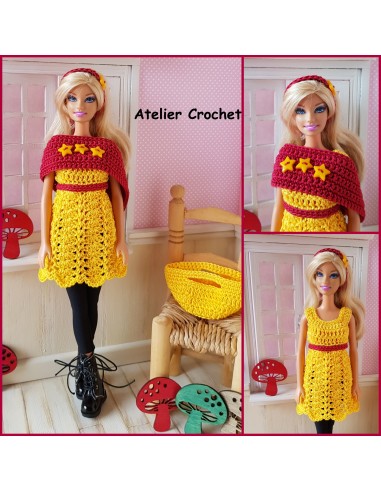 Robe, étole, bandeau et  sac PDF de crochet pour Barbie