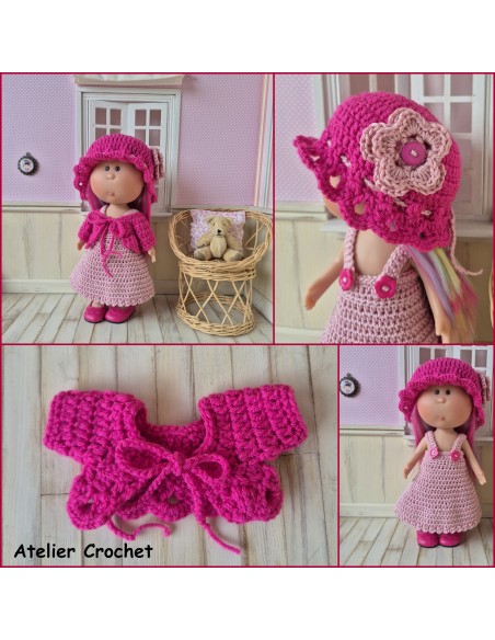 Robe à bretelles, gilet et chapeau ensemble au crochet pour poupée Little Mia Nines d'Onil