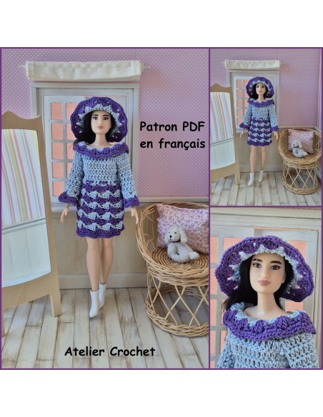 Robe à manches longues et chapeau  patron PDF de crochet pour poupée Barbie Curvy Robe à manches longues et chapeau  patron PDF de crochet pour poupée Barbie Curvy