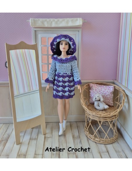 Robe à manches longues et chapeau au crochet pour poupée Barbie Curvy