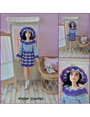 Robe à manches longues et chapeau au crochet pour poupée Barbie Curvy