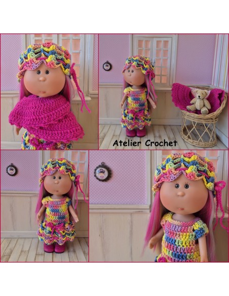 Robe, étole et chapeau ensemble au crochet pour poupée Little Mia Nines d'Onil Robe, étole et chapeau ensemble au crochet pour poupée Little Mia Nines d'Onil
