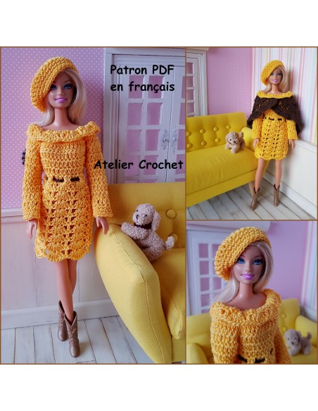 Robe, béret et châle patron PDF de crochet pour Barbie