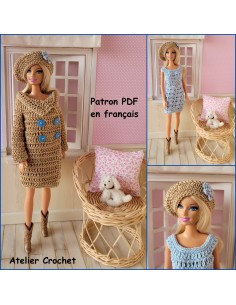 Robe, manteau et béret patron PDF de crochet pour Barbie
