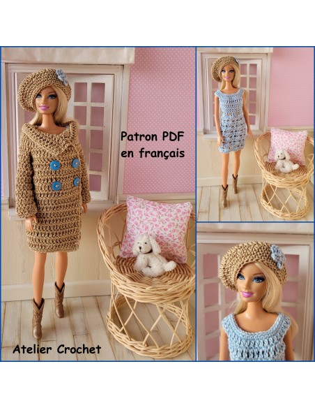 Robe, manteau et béret patron PDF de crochet pour Barbie