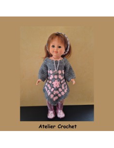 Ensemble robe style granny et bandeau assorti pour poupée Marie Françoise Petitcollin