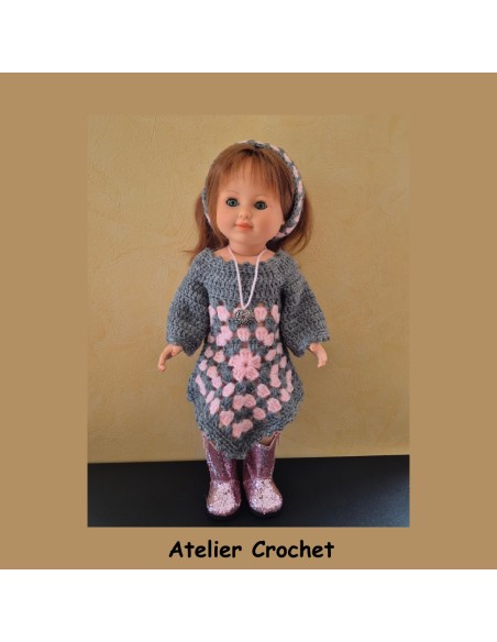 Ensemble robe style granny et bandeau assorti pour poupée Marie Françoise Petitcollin