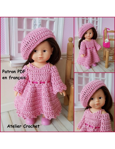 Robe, béret et sac patron PDF de crochet pour poupée Mini Corolline
