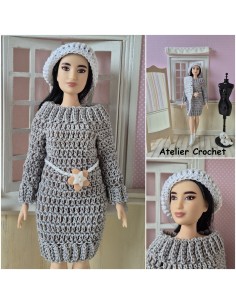 Robe à manches longues, écharpe et béret au crochet pour poupée Barbie Curvy 2
