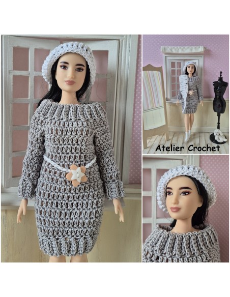 Ensemble robe à manches longues, écharpe et béret au crochet pour Barbie Curvy