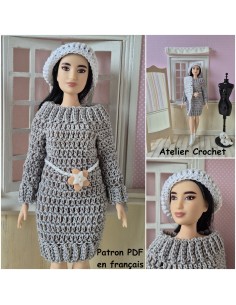 Robe à manches longues, écharpe et béret patron PDF de crochet pour poupée Barbie Curvy