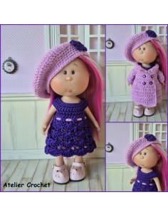 Robe, béret et manteau ensemble au crochet pour poupée Little Mia Nines d'Onil