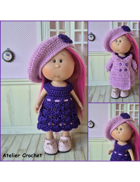 Robe, béret et manteau ensemble au crochet pour poupée Little Mia Nines d'Onil