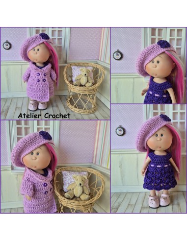 Robe, béret et manteau ensemble au crochet pour poupée Little Mia Nines d'Onil