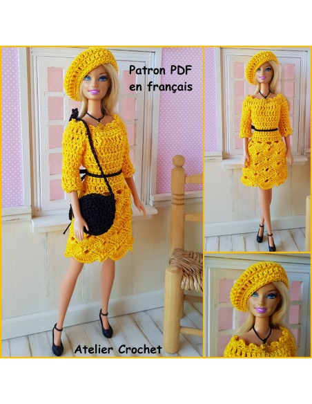 Robe, béret et sac patron (tuto) PDF de crochet pour poupée Barbie