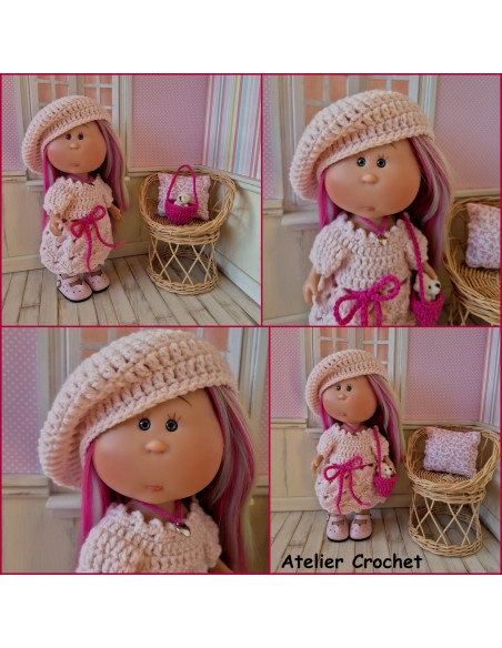 Ensemble robe, sac et béret au crochet pour poupée Little Mia Nines d'Onil