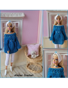 Ensemble tunique, pantalon et bandeau au crochet pour poupée Barbie