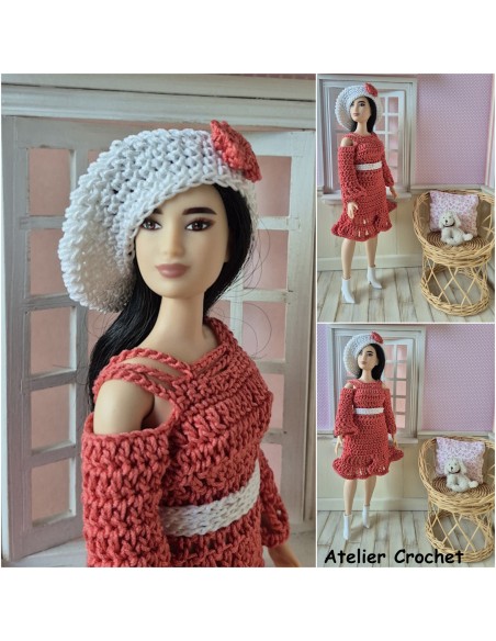 Ensemble robe et béret au crochet pour poupée Barbie