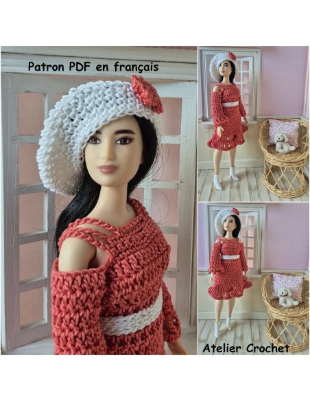 Robe et béret patron PDF de crochet pour poupée Barbie Curvy