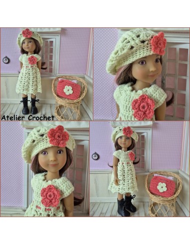 ensemble robe, béret et sac au crochet pour poupée Ruby Red Siblies