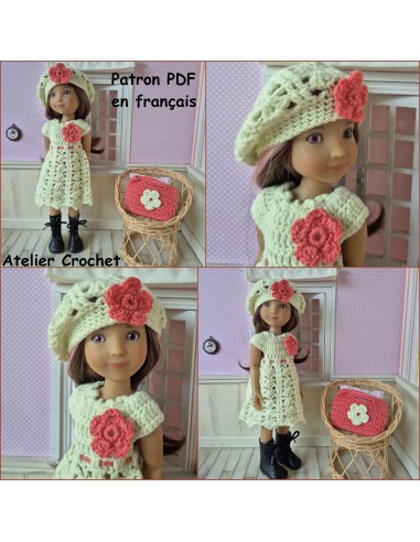 Robe, béret et sac patron PDF de crochet pour poupée Ruby Red Siblies