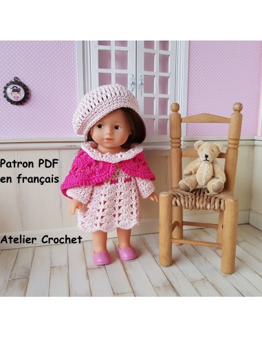 Robe, béret et châle patron PDF de crochet pour poupée Mini Corolline