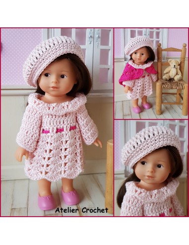 Robe, béret et châle patron PDF de crochet pour poupée Mini Corolline