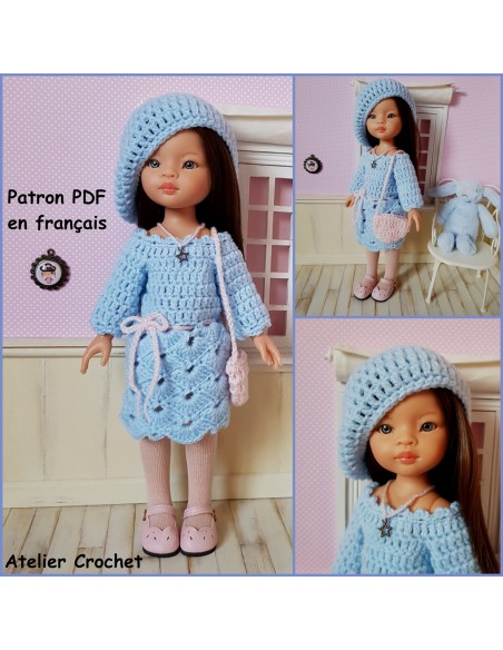 Robe, sac et béret patron PDF de crochet pour poupée Paola Reina Las Amigas