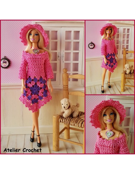 Robe granny et chapeau patron PDF de crochet pour poupée Barbie