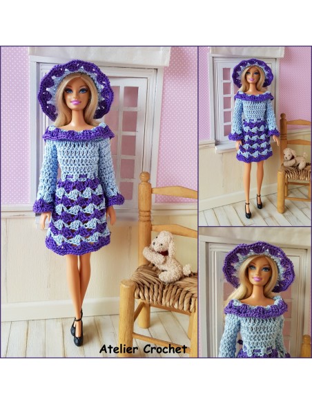 Robe à manches longues et chapeau  patron PDF de crochet pour poupée Barbie