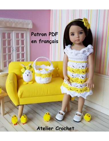 robe , serre-tête et panier patron PDF de crochet pour poupée Little Darling