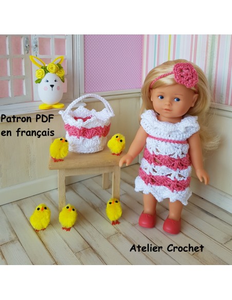 robe , serre-tête et panier patron PDF de crochet pour poupée mini corolline