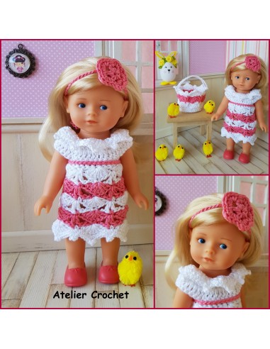 robe , serre-tête et panier patron PDF de crochet pour poupée mini corolline
