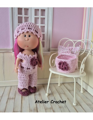 Ensemble salopette, chapeau, sac et chaussures au crochet pour poupée Little Mia Nines d'Onil